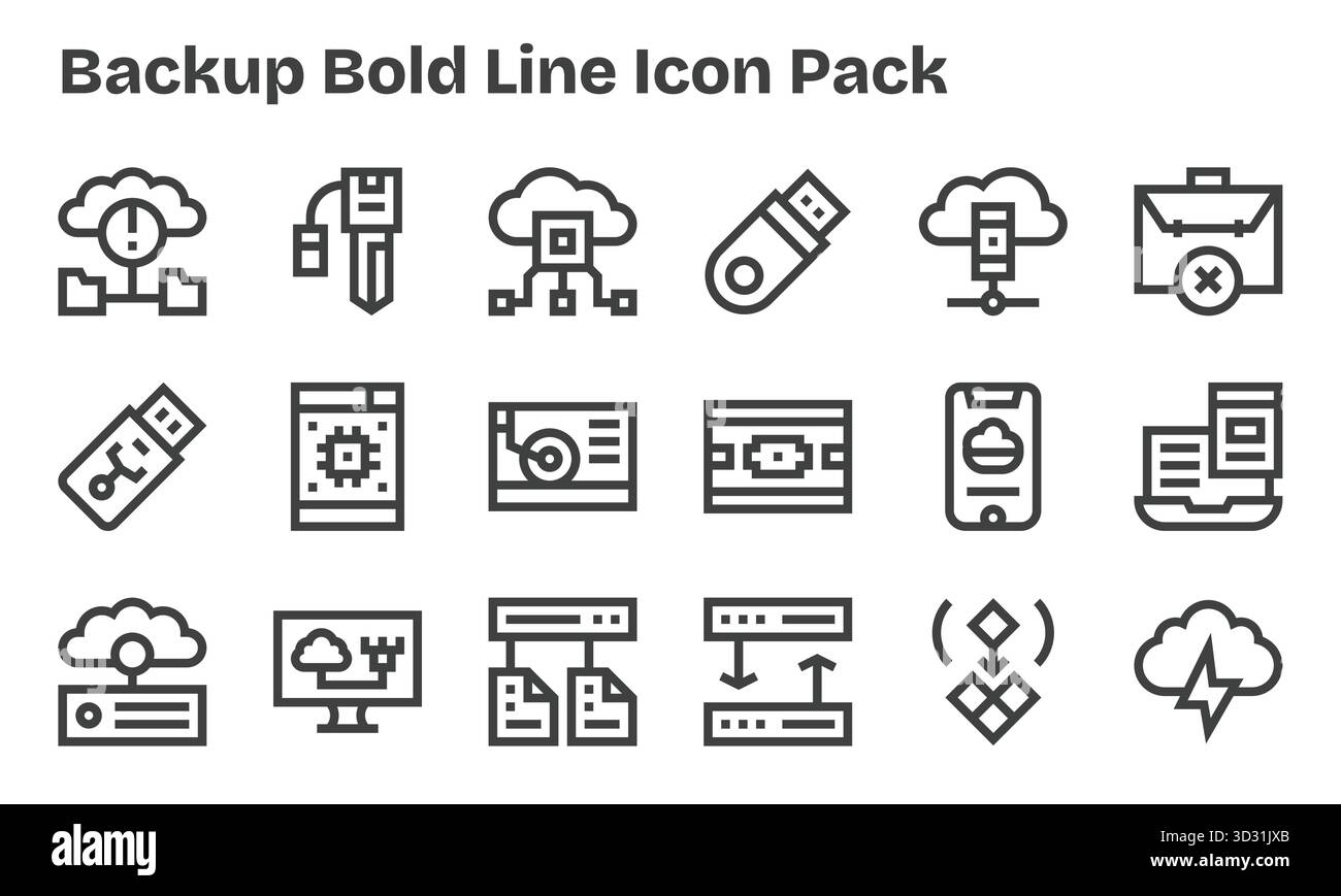 Ensemble de 18 icônes de style ligne gras sur le thème de la sauvegarde, conçu pour une intégration transparente dans les applications et les sites Web. Illustration de Vecteur