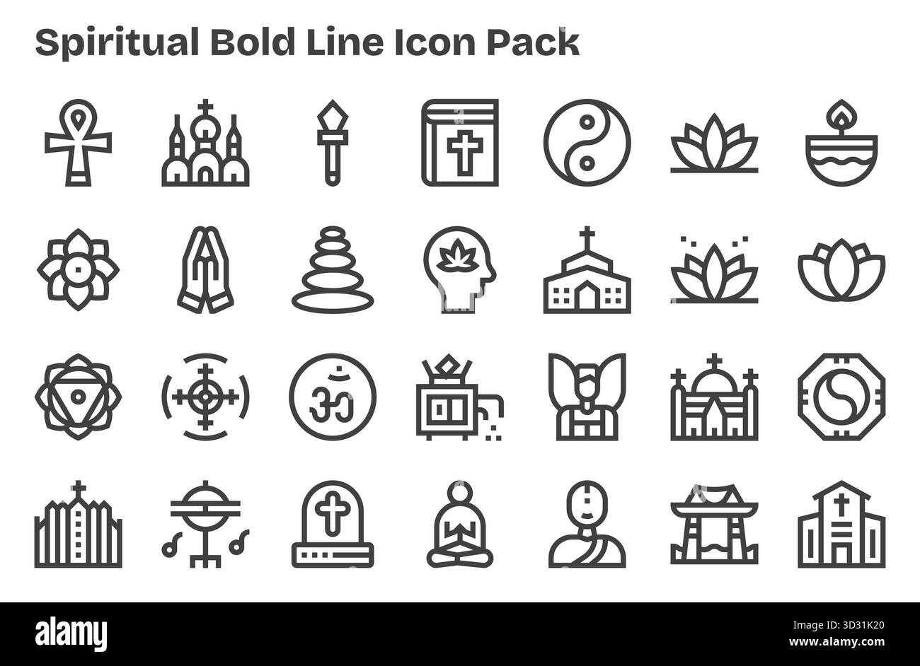 Une collection épurée de 28 icônes Extra Bold Line représentant Spiritual, conçues pour les tableaux de bord et les interfaces modernes. Illustration de Vecteur