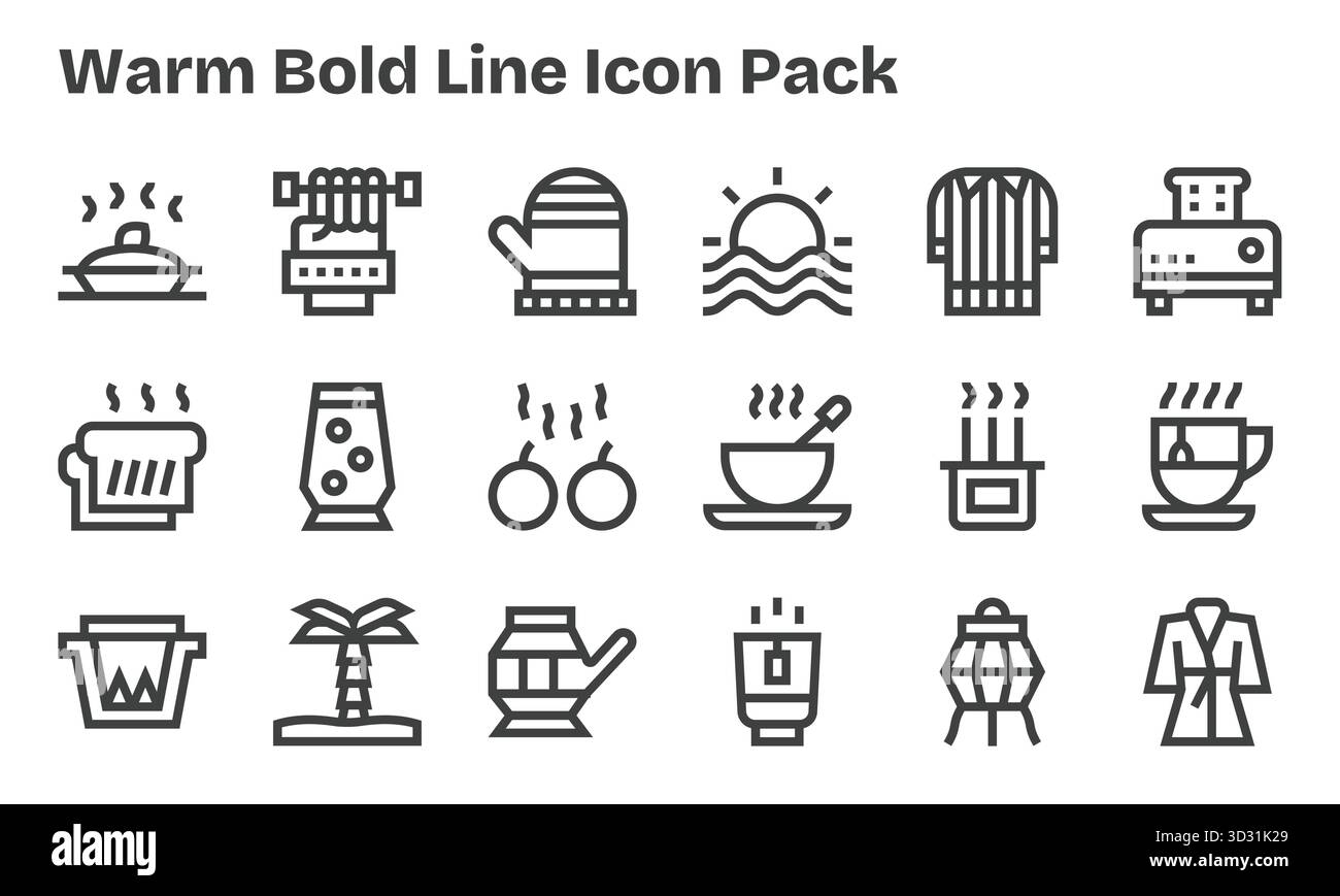 Cette collection comprend 18 icônes de style Bold Line adaptées au thème chaleureux, idéales pour le design numérique. Illustration de Vecteur