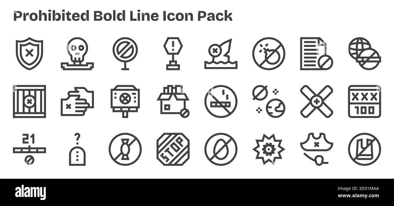 Explorez 24 icônes vectorielles de style Bold Outline inspirées par les interdits. Parfait pour les interfaces Web et d'application. Illustration de Vecteur
