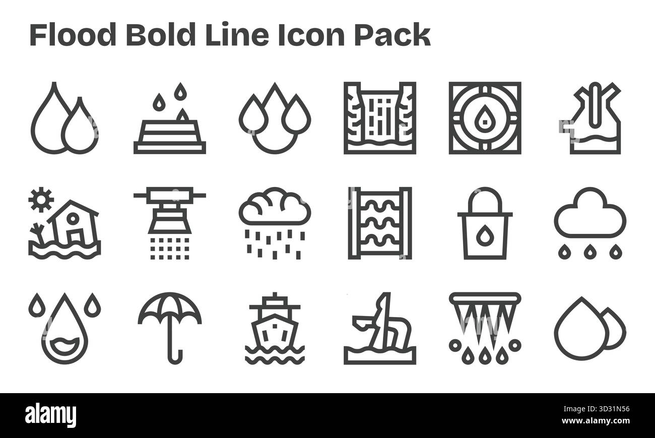 Un ensemble dynamique de 18 icônes dans le style Bold Line, adapté pour Flood et adapté pour les produits numériques. Illustration de Vecteur