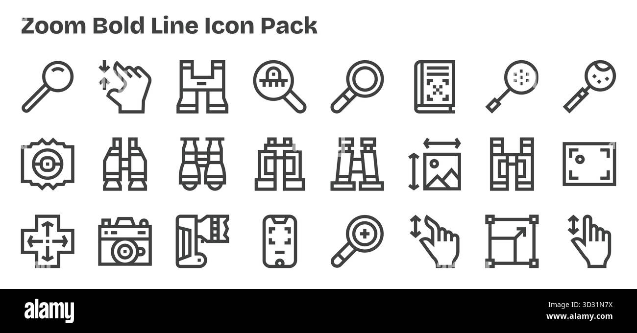 Ensemble de 24 icônes Bold Outline sur le thème de Zoom, conçues pour une intégration transparente dans les applications et les sites Web. Illustration de Vecteur