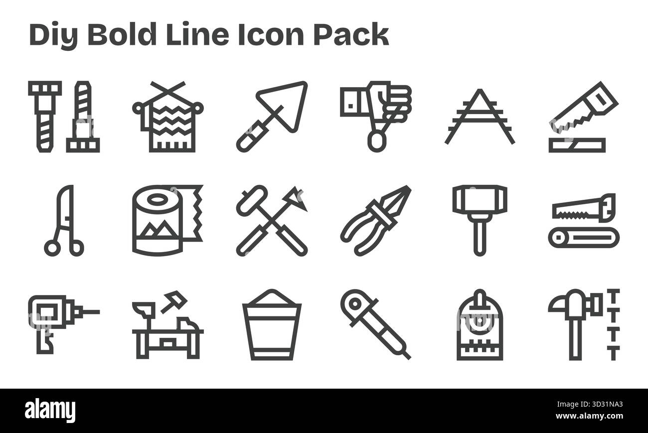 Cette collection comprend 18 icônes de style Bold Line adaptées au thème DIY, idéales pour le design numérique. Illustration de Vecteur