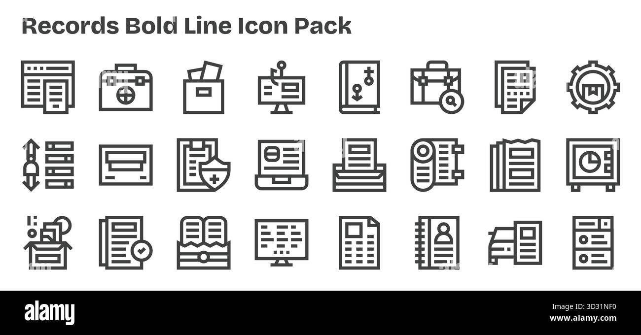 Pack organisé de 24 icônes vectorielles dans la conception Bold Outline, centré autour de Records concepts. Illustration de Vecteur