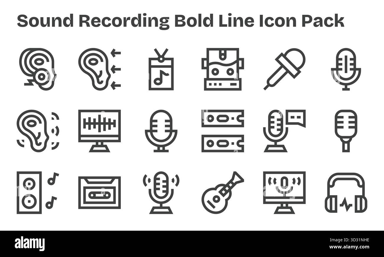 Pack organisé de 18 icônes vectorielles dans la conception Bold Line, centré autour des concepts d'enregistrement sonore. Illustration de Vecteur