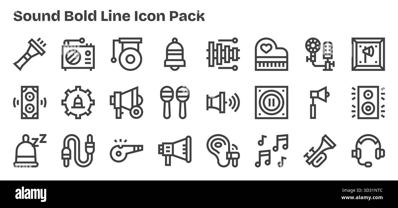 Cet ensemble de 24 icônes Bold Outline capture des thèmes sonores, parfaits pour les applications technologiques et commerciales. Illustration de Vecteur