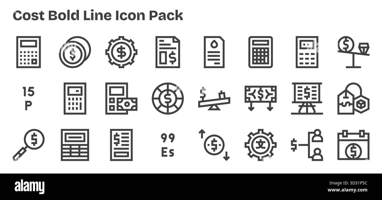 Professionnellement conçu 24 icônes dans le style Bold Outline, capturant l'essence du coût pour la conception d'interface utilisateur. Illustration de Vecteur