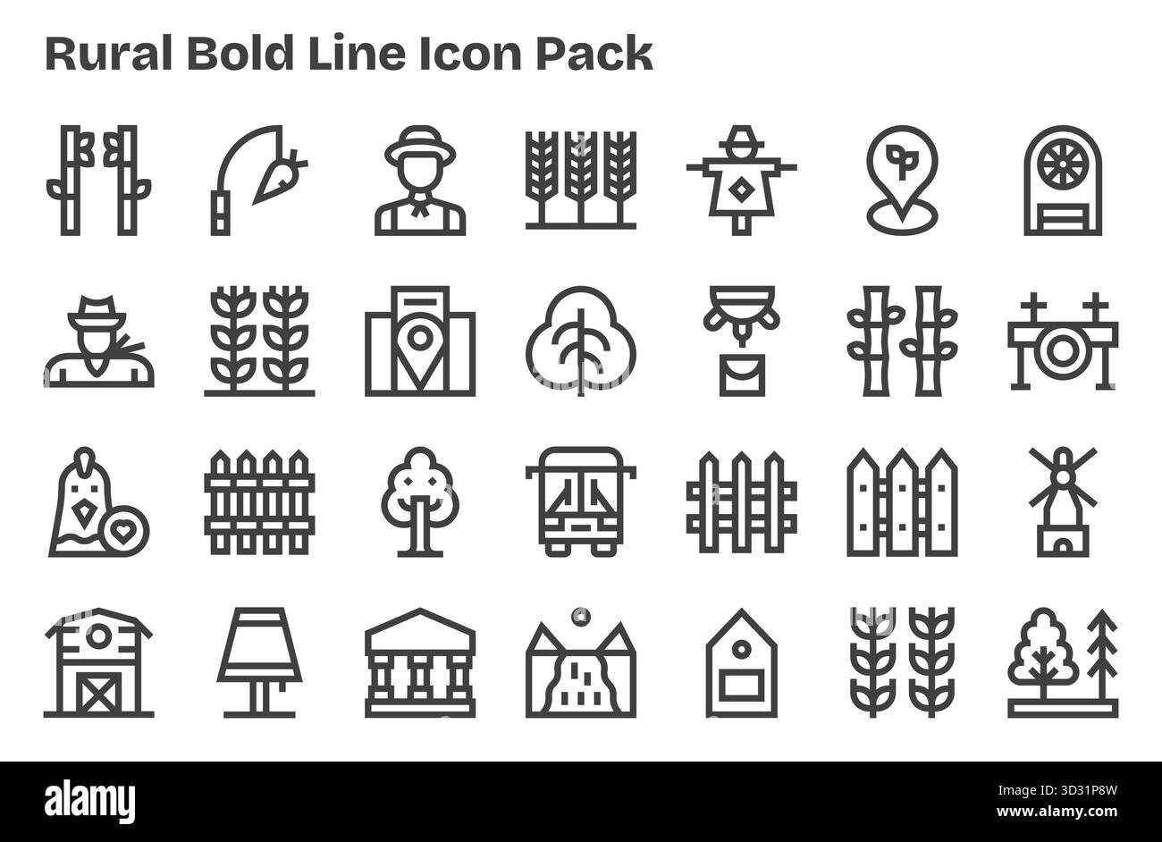 Pack organisé de 28 icônes vectorielles dans la conception Extra Bold Line, centré autour de concepts ruraux. Illustration de Vecteur