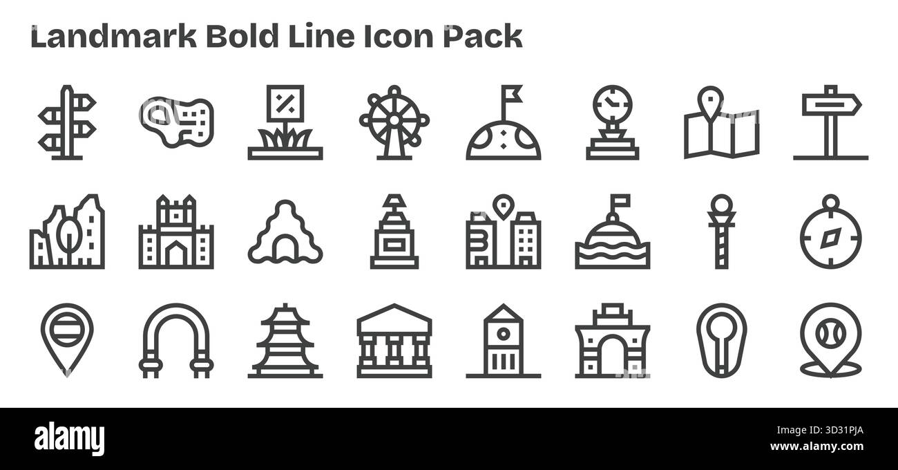 Ensemble de 24 icônes Bold Outline sur le thème de Landmark, conçues pour une intégration transparente dans les applications et les sites Web. Illustration de Vecteur