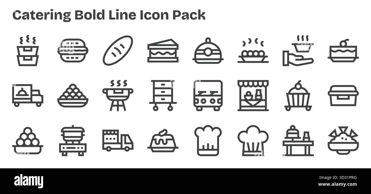 Un ensemble polyvalent de 24 icônes vectorielles Bold Outline axées sur la restauration, idéal pour les applications mobiles et web. Illustration de Vecteur