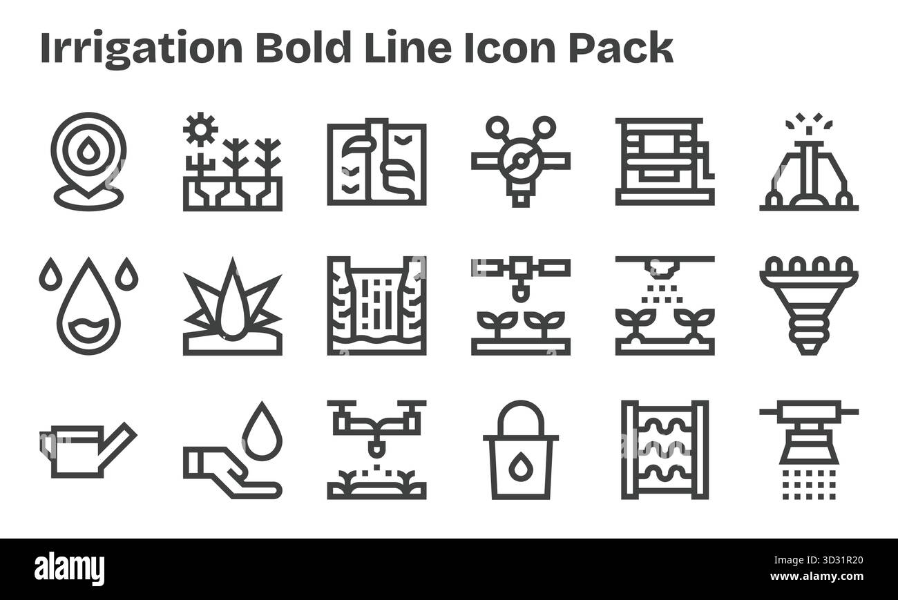 Une collection épurée de 18 icônes Bold Line représentant irrigation, conçue pour les tableaux de bord et les interfaces modernes. Illustration de Vecteur