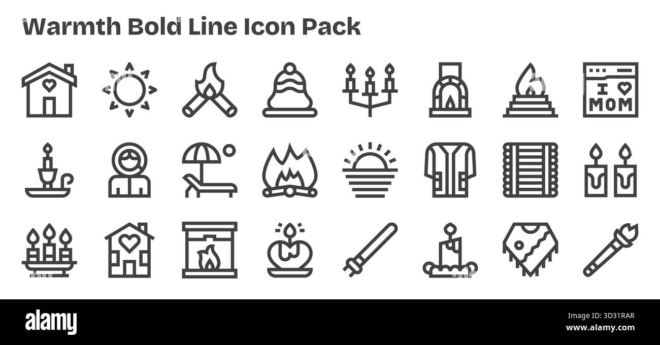 Explorez 24 icônes vectorielles Bold Outline inspirées par la chaleur. Parfait pour les interfaces Web et d'application. Illustration de Vecteur