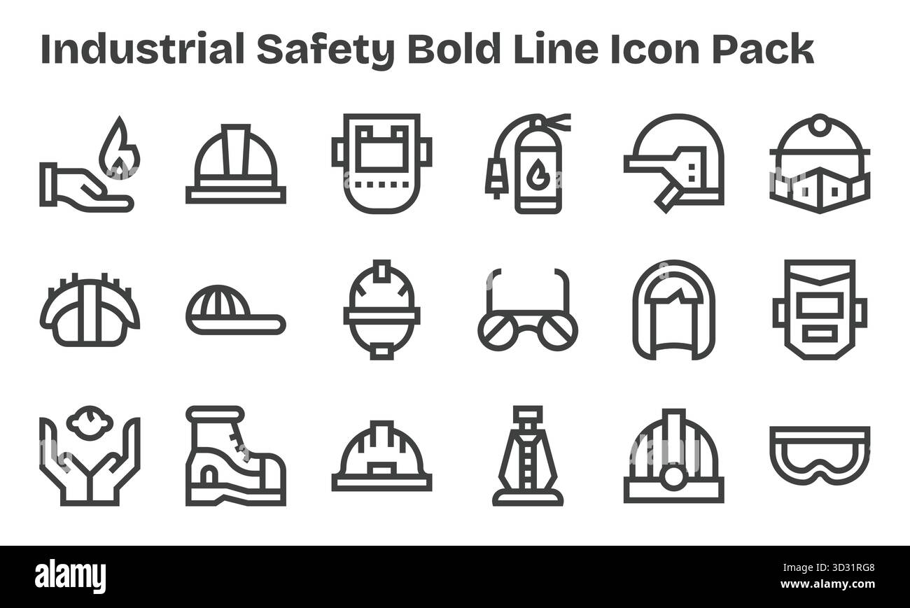 Ensemble de 18 icônes de style Bold Line sur le thème de la sécurité industrielle, conçu pour une intégration transparente dans les applications et les sites Web. Illustration de Vecteur