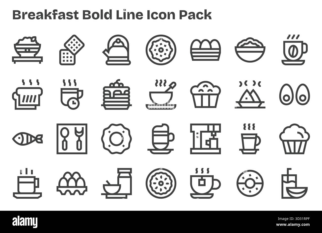 Professionnellement conçu 28 icônes dans le style Extra Bold Line, capturant l'essence du petit déjeuner pour la conception d'interface utilisateur. Illustration de Vecteur