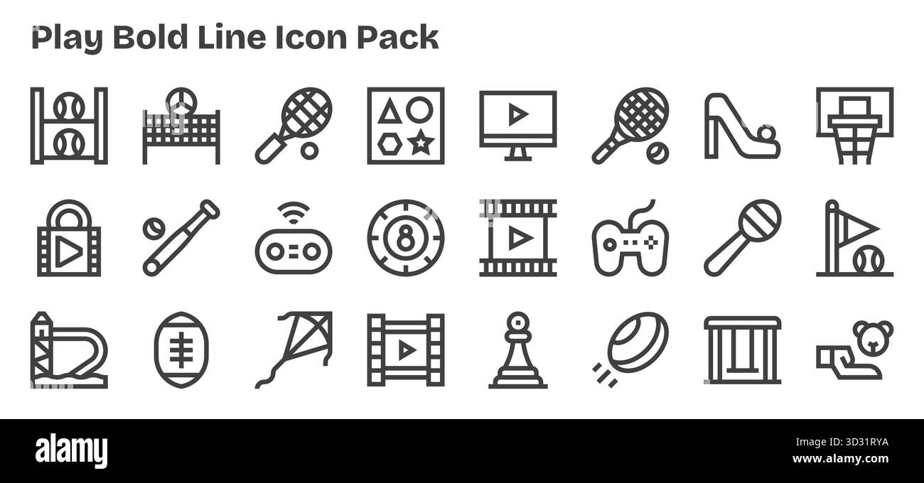 Ensemble de 24 icônes Bold Outline sur le thème de Play, conçues pour une intégration transparente dans les applications et les sites Web. Illustration de Vecteur