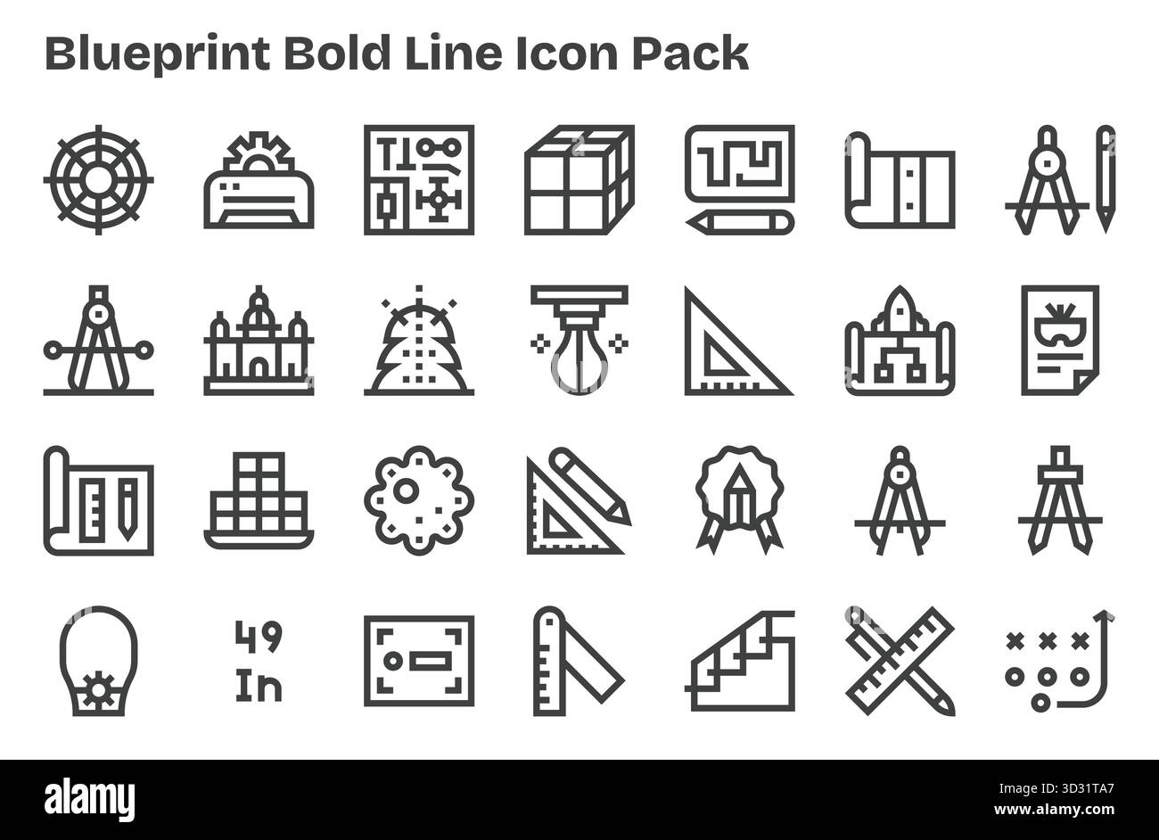 Pack Vector avec 28 icônes Extra Bold Line inspirées par Blueprint, idéal pour le travail de conception évolutif et créatif. Illustration de Vecteur