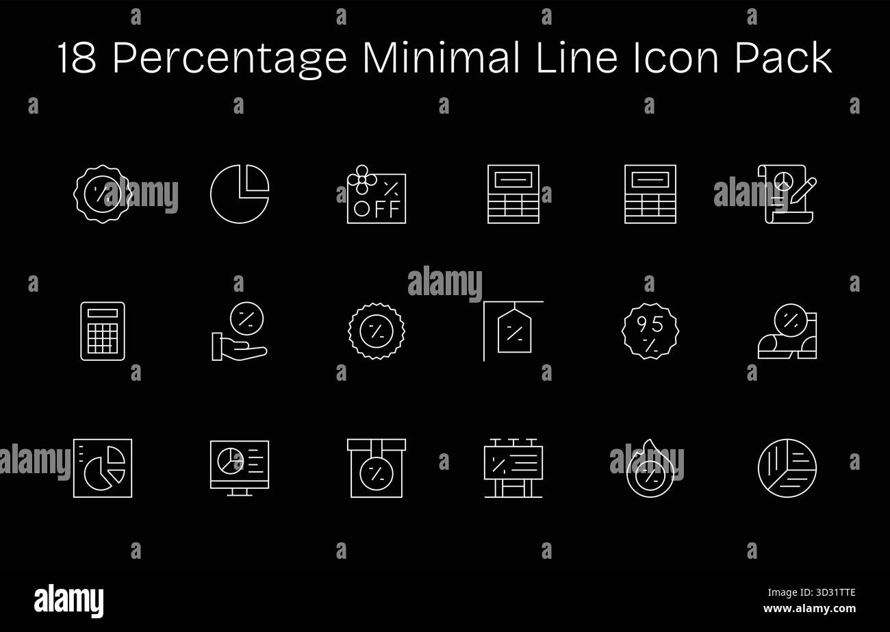 Pack organisé de 18 icônes vectorielles dans la conception de ligne minimale, centré autour des concepts de pourcentage. Illustration de Vecteur