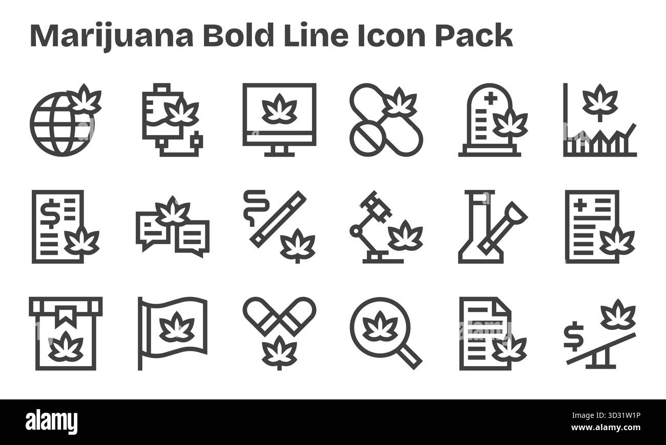 Une collection épurée de 18 icônes Bold Line représentant la marijuana, conçue pour les tableaux de bord et les interfaces modernes. Illustration de Vecteur