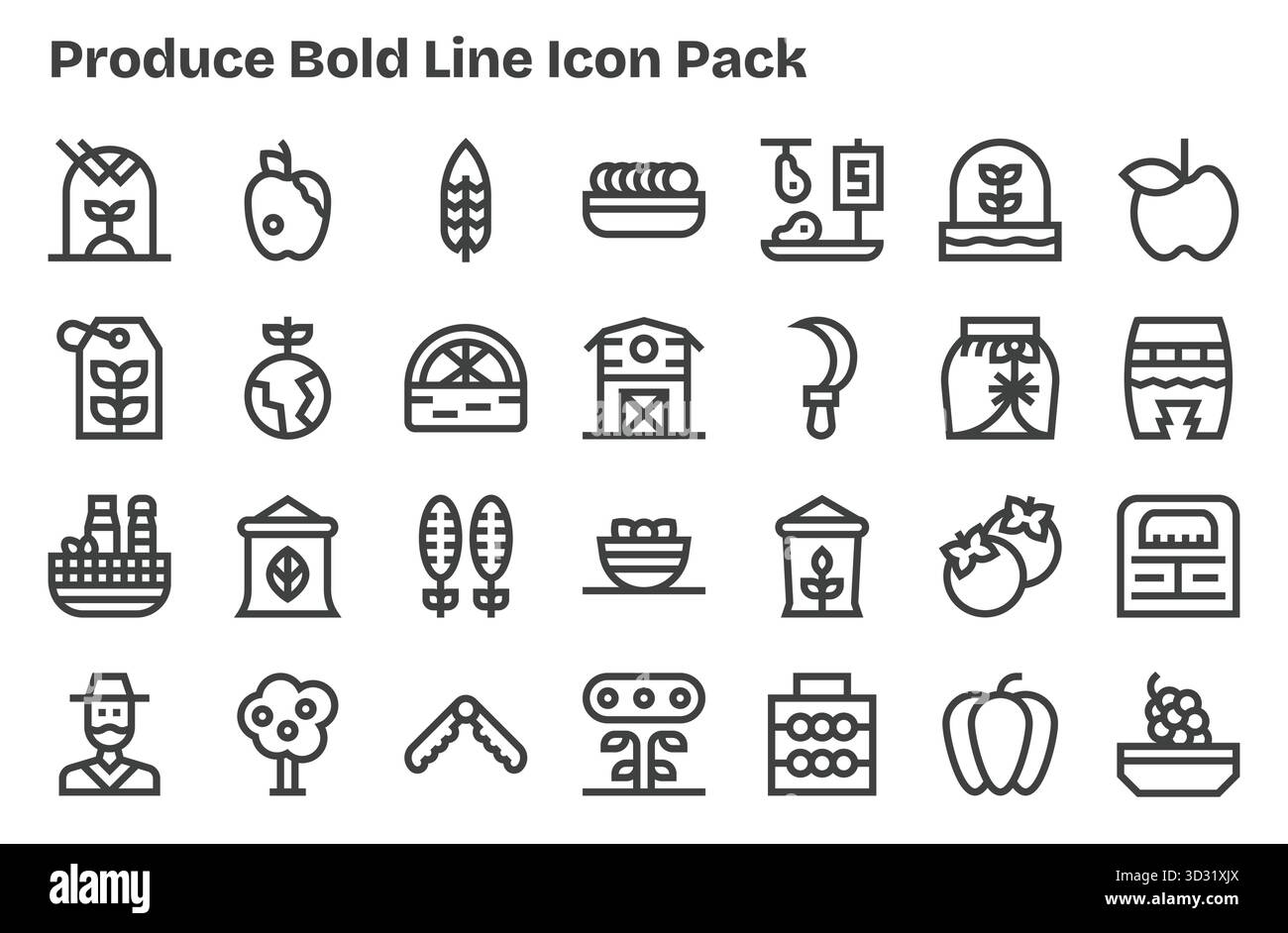 Une collection épurée de 28 icônes Extra Bold Line représentant des produits, conçues pour les tableaux de bord et les interfaces modernes. Illustration de Vecteur