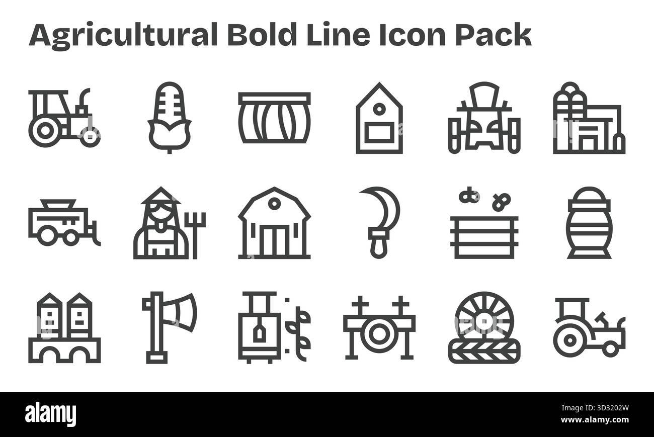 Collection de 18 icônes vectorielles Bold Line-style pour agricole, conçues pour la clarté et la polyvalence. Illustration de Vecteur