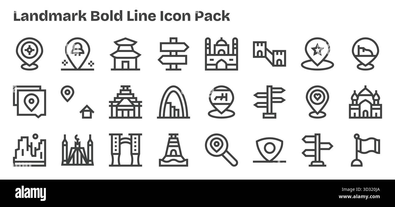 Pack vectoriel avec 24 icônes Bold Outline inspirées par Landmark, idéal pour le travail de conception évolutif et créatif. Illustration de Vecteur