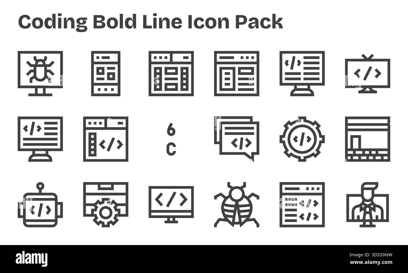 Professionnellement conçu 18 icônes dans le style Bold Line, capturant l'essence du codage pour la conception d'interface utilisateur. Illustration de Vecteur