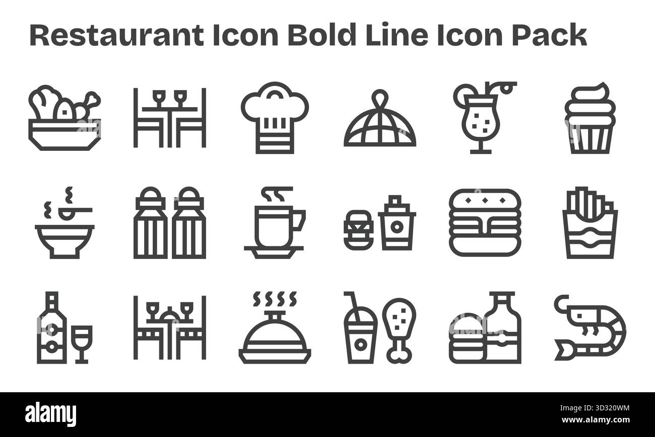 Une collection épurée de 18 icônes Bold Line représentant Restaurant Icon, conçue pour les tableaux de bord et les interfaces modernes. Illustration de Vecteur