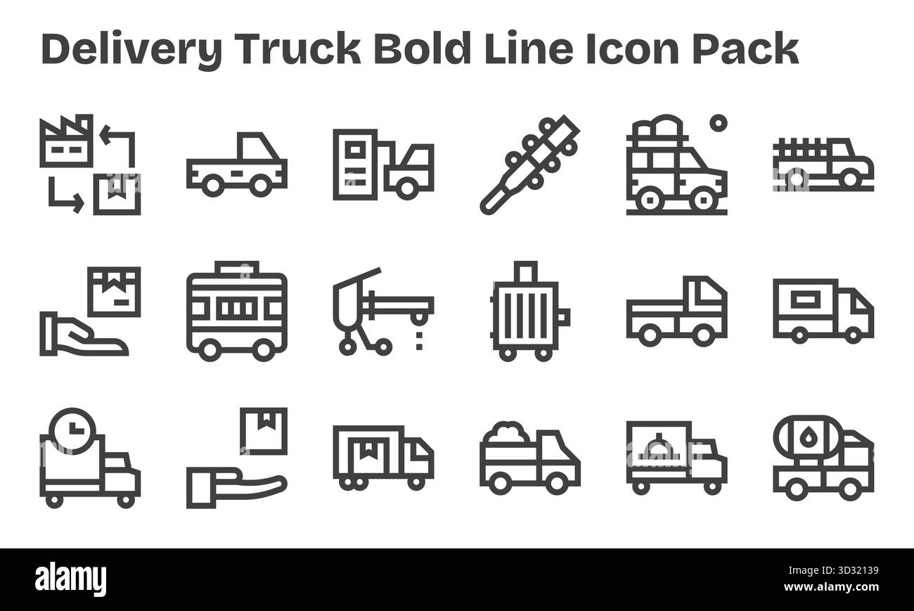 Pack organisé de 18 icônes vectorielles dans la conception de Bold Line, centré autour des concepts de camion de livraison. Illustration de Vecteur