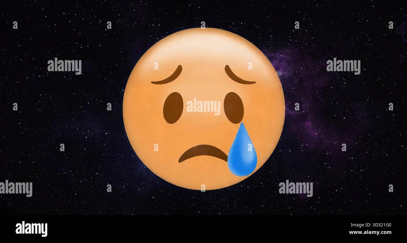 Visage emoji triste flottant montrant des sourcils sillonnés et une larme bleue dans l'espace profond, nébuleuse violette Banque D'Images