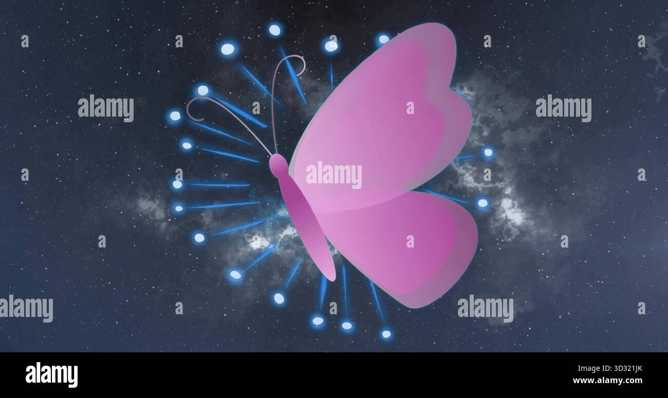 Graphique papillon rose stylisé flottant dans l'espace, avec des nœuds bleus radiaux Banque D'Images