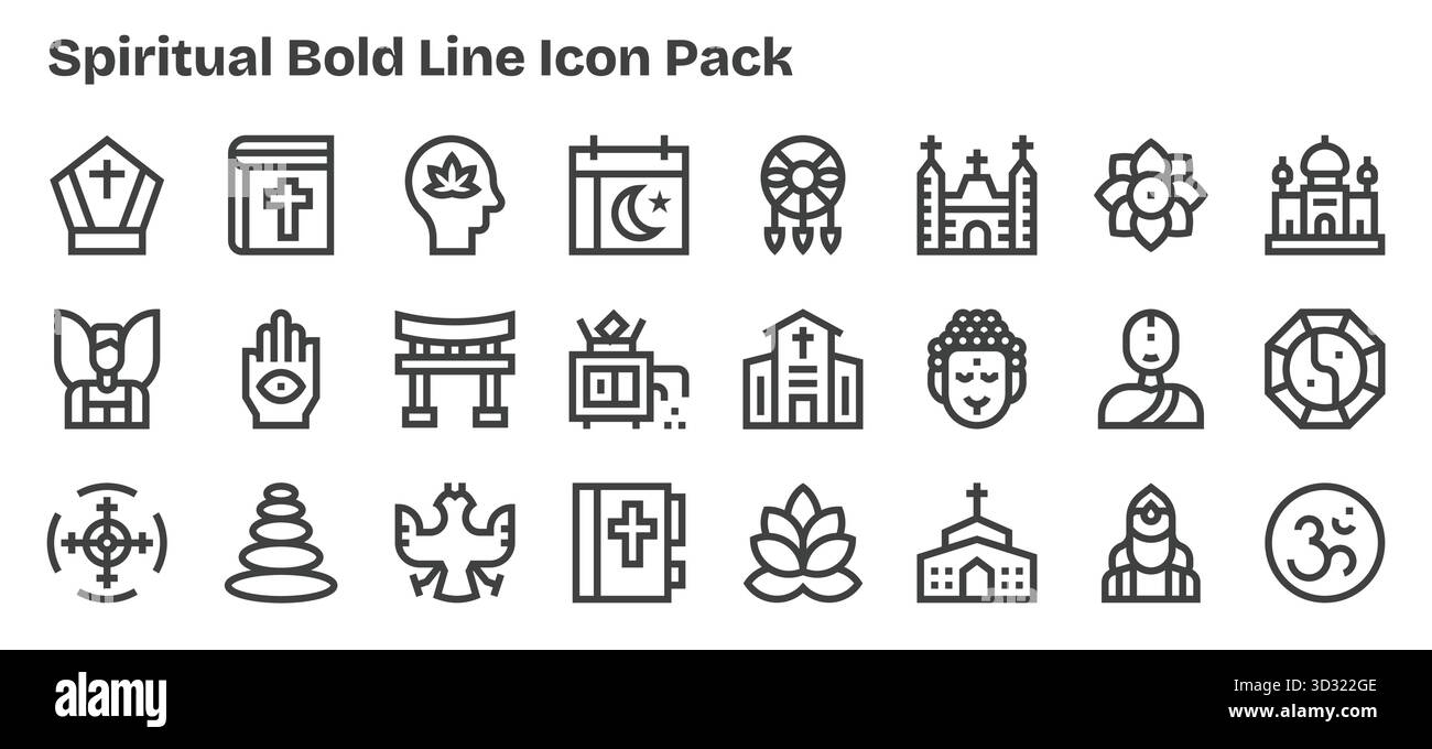 Ce pack d'icônes spirituelles comprend 24 vecteurs Bold Outline, parfaits pour améliorer les interfaces numériques. Illustration de Vecteur
