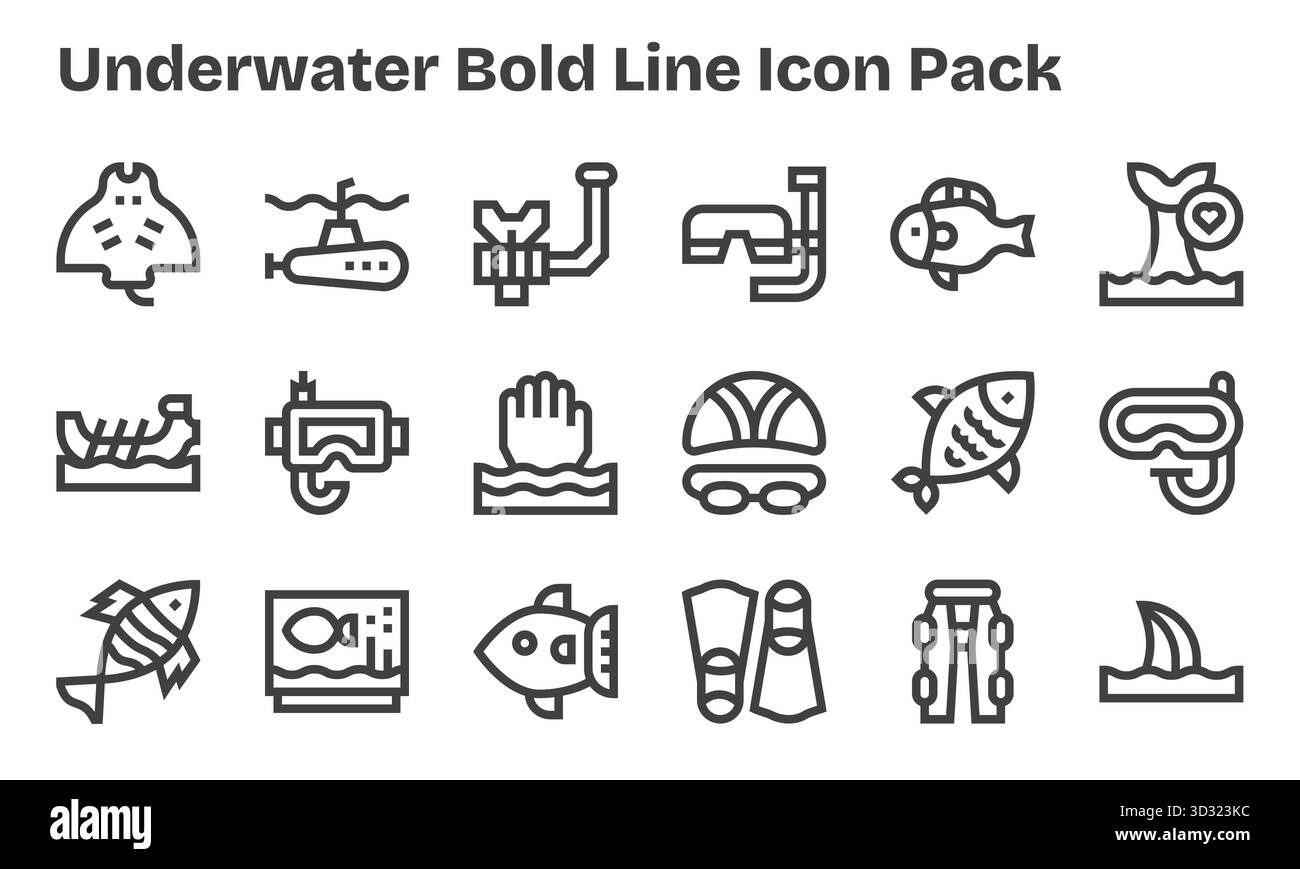 Pack organisé de 18 icônes vectorielles dans la conception de Bold Line, centré autour de concepts sous-marins. Illustration de Vecteur