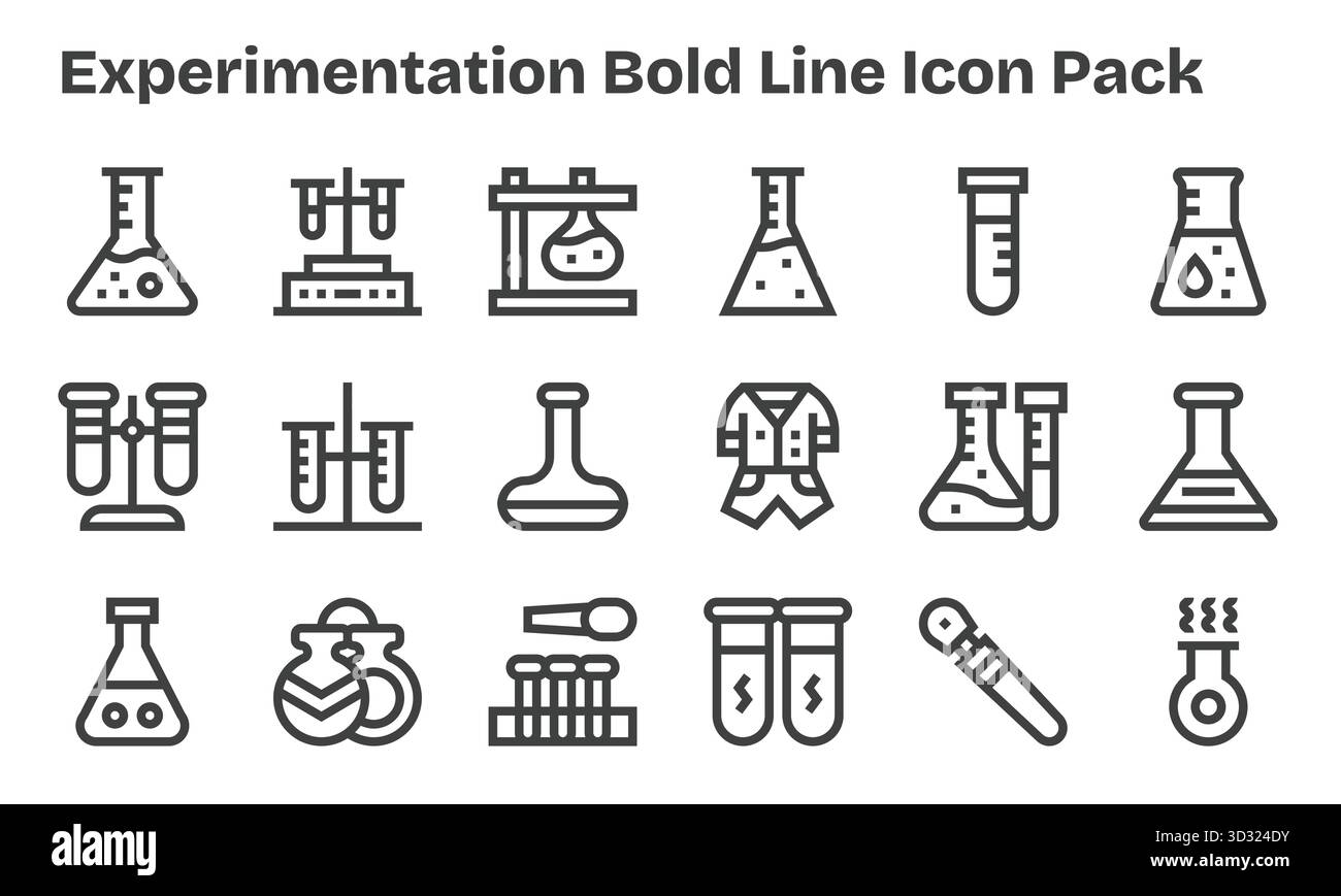 Cet ensemble de 18 icônes Bold Line capture des thèmes d'expérimentation, parfaits pour les applications technologiques et commerciales. Illustration de Vecteur
