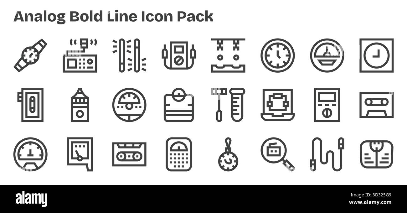 Ce pack d'icônes analogiques comprend 24 vecteurs Bold Outline, parfaits pour améliorer les interfaces numériques. Illustration de Vecteur