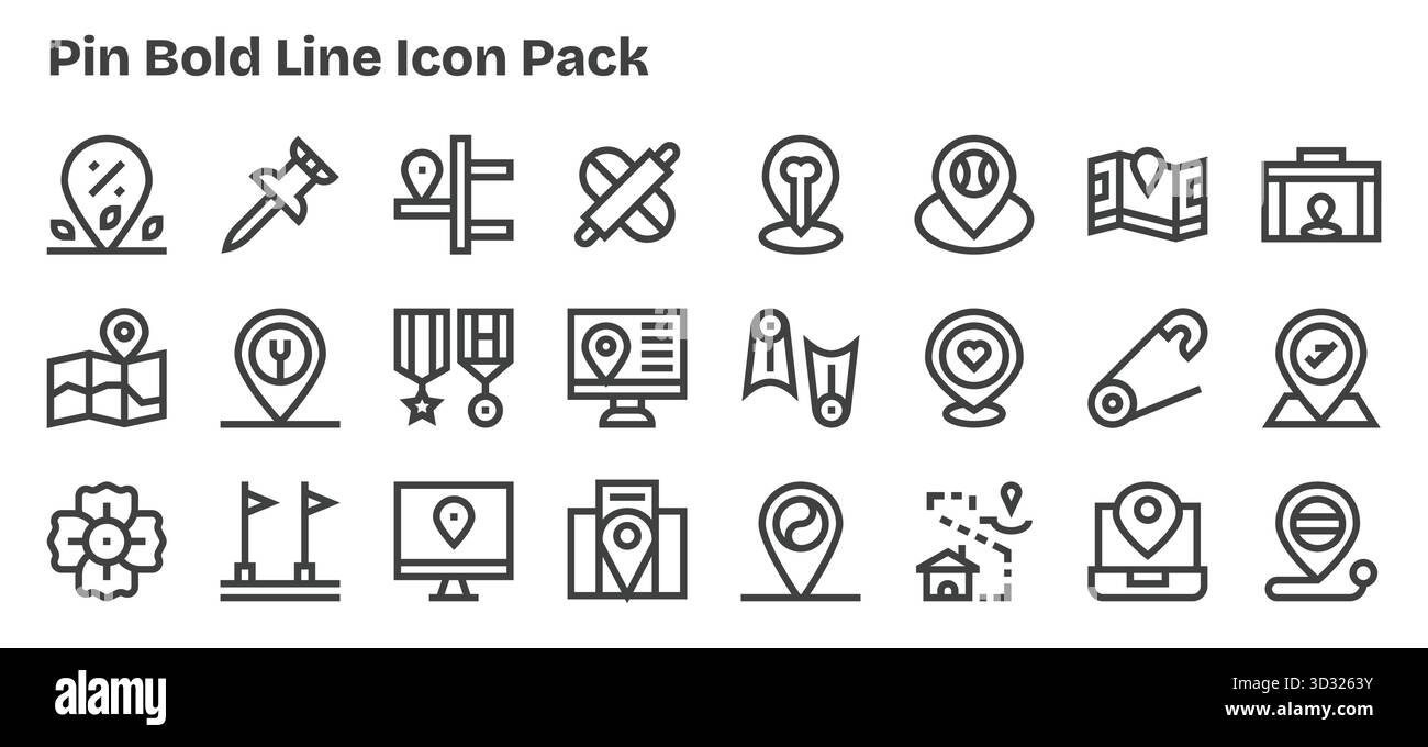 Ensemble de 24 icônes gras de style contour sur le thème de l'épingle, conçu pour une intégration transparente dans les applications et les sites Web. Illustration de Vecteur