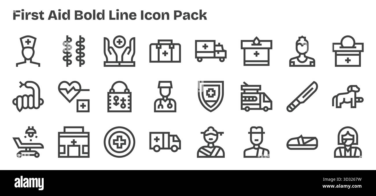 Un ensemble dynamique de 24 icônes dans le style Bold Outline, adapté pour les premiers soins et adapté aux produits numériques. Illustration de Vecteur
