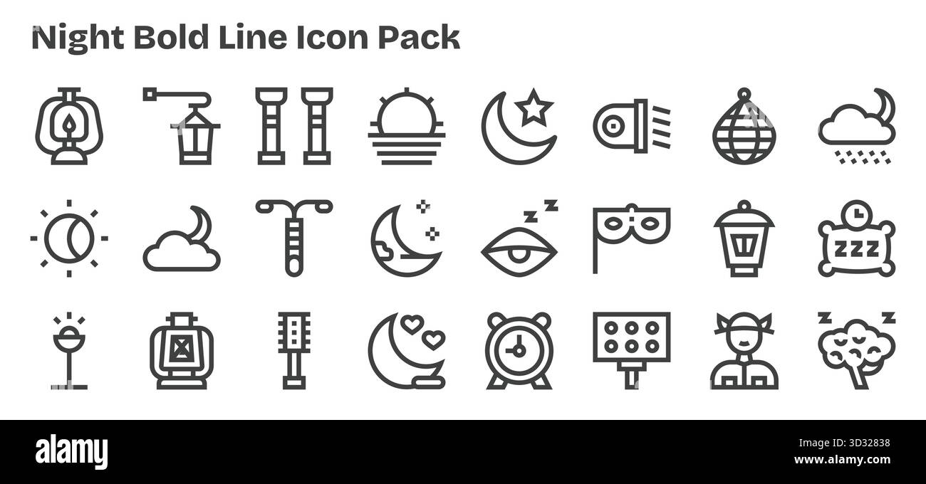 Découvrez un ensemble de 24 icônes Bold Outline conçues pour le thème de la nuit, idéales pour les projets UI/UX modernes. Illustration de Vecteur