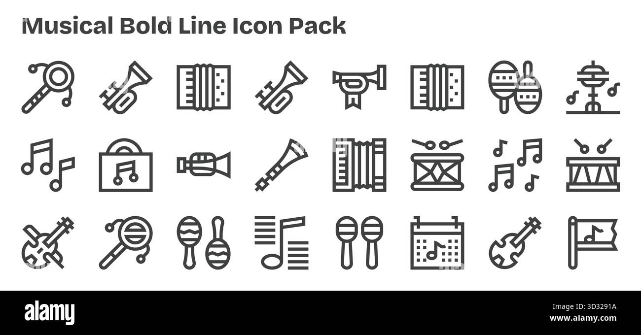 Télécharger 24 icônes évolutives Bold Outline conçues pour musical, adaptées aux projets professionnels et créatifs. Illustration de Vecteur