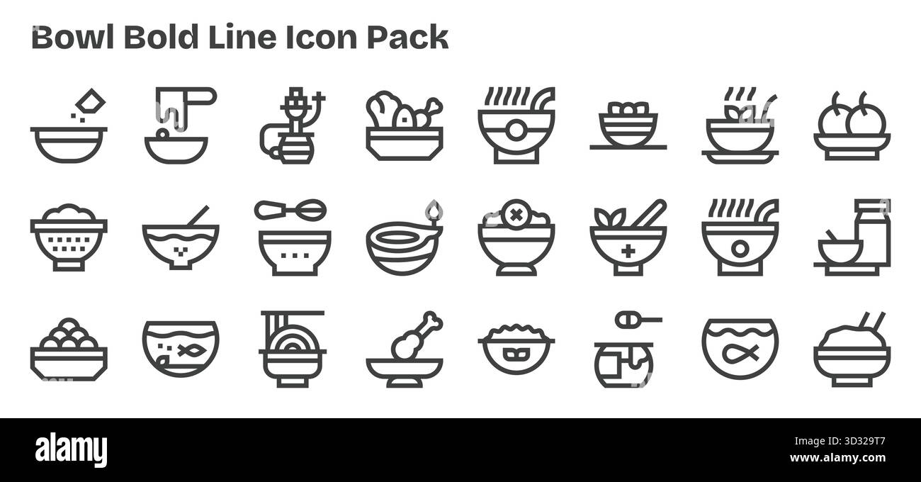 Un ensemble polyvalent de 24 icônes vectorielles Bold Outline axées sur Bowl, idéal pour les applications mobiles et web. Illustration de Vecteur