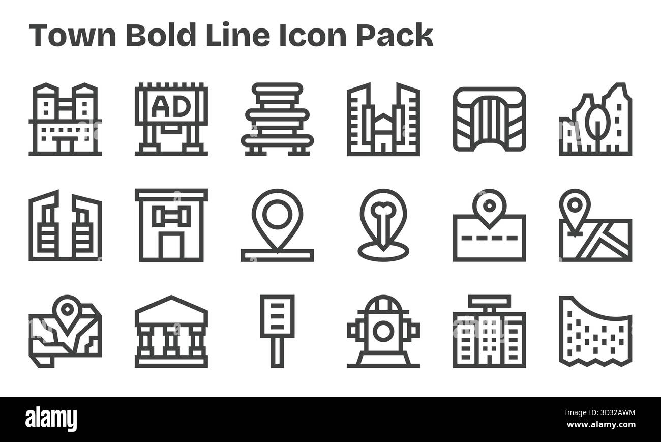 Cette collection comprend 18 icônes de style Bold Line adaptées au thème de la ville, idéales pour le design numérique. Illustration de Vecteur
