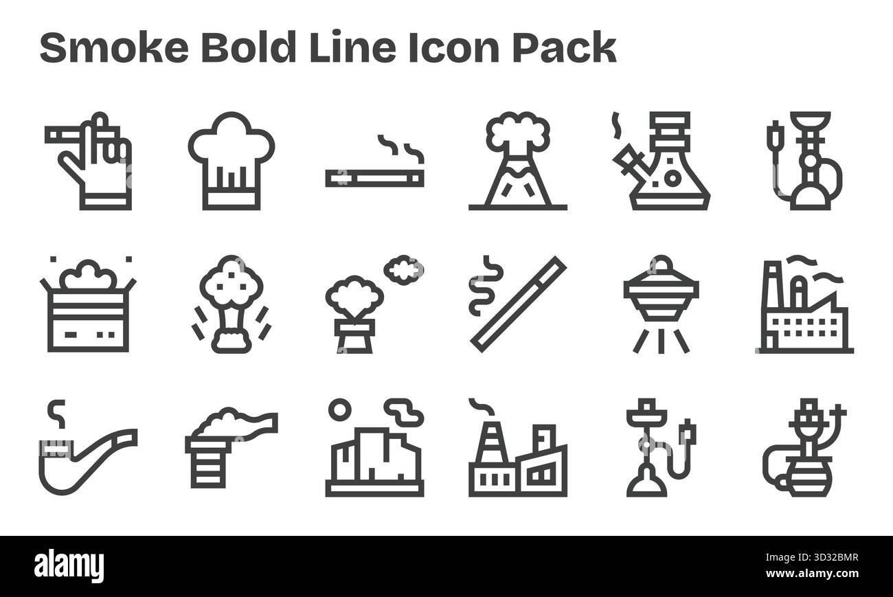 Pack vectoriel avec 18 icônes Bold Line inspirées par la fumée, idéal pour le travail de conception évolutif et créatif. Illustration de Vecteur
