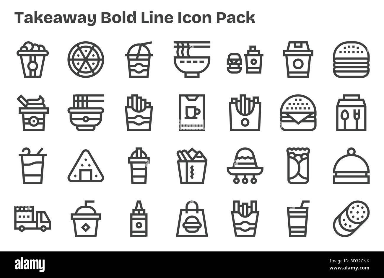 Améliorez vos projets avec 28 icônes Extra Bold Line sur le thème de Takeaway, idéal pour les conceptions propres et professionnelles. Illustration de Vecteur