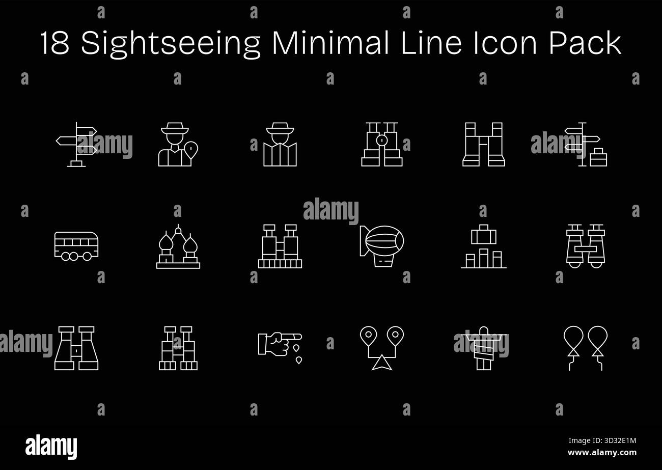Découvrez un ensemble de 18 icônes minimal Line conçues pour le thème Sightseeing, idéales pour les projets UI/UX modernes. Illustration de Vecteur