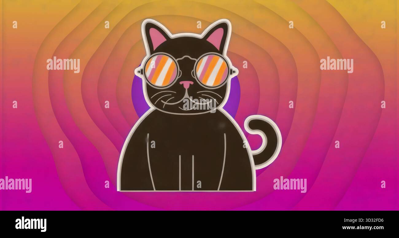 Chat noir assis portant des lunettes de soleil rondes surdimensionnées dans l'art vectoriel, avec fond rétro dégradé Banque D'Images