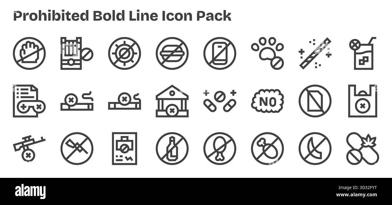 Professionnellement conçu 24 icônes dans le style Bold Outline, capturant l'essence de interdit pour la conception d'interface utilisateur. Illustration de Vecteur