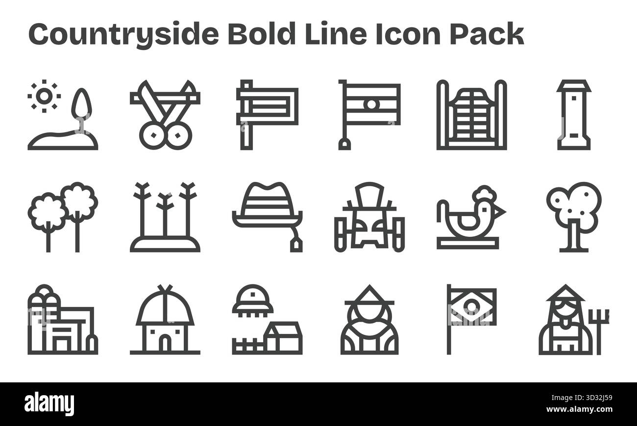 Cet ensemble de 18 icônes Bold Line capture des thèmes de campagne, parfaits pour les applications technologiques et commerciales. Illustration de Vecteur