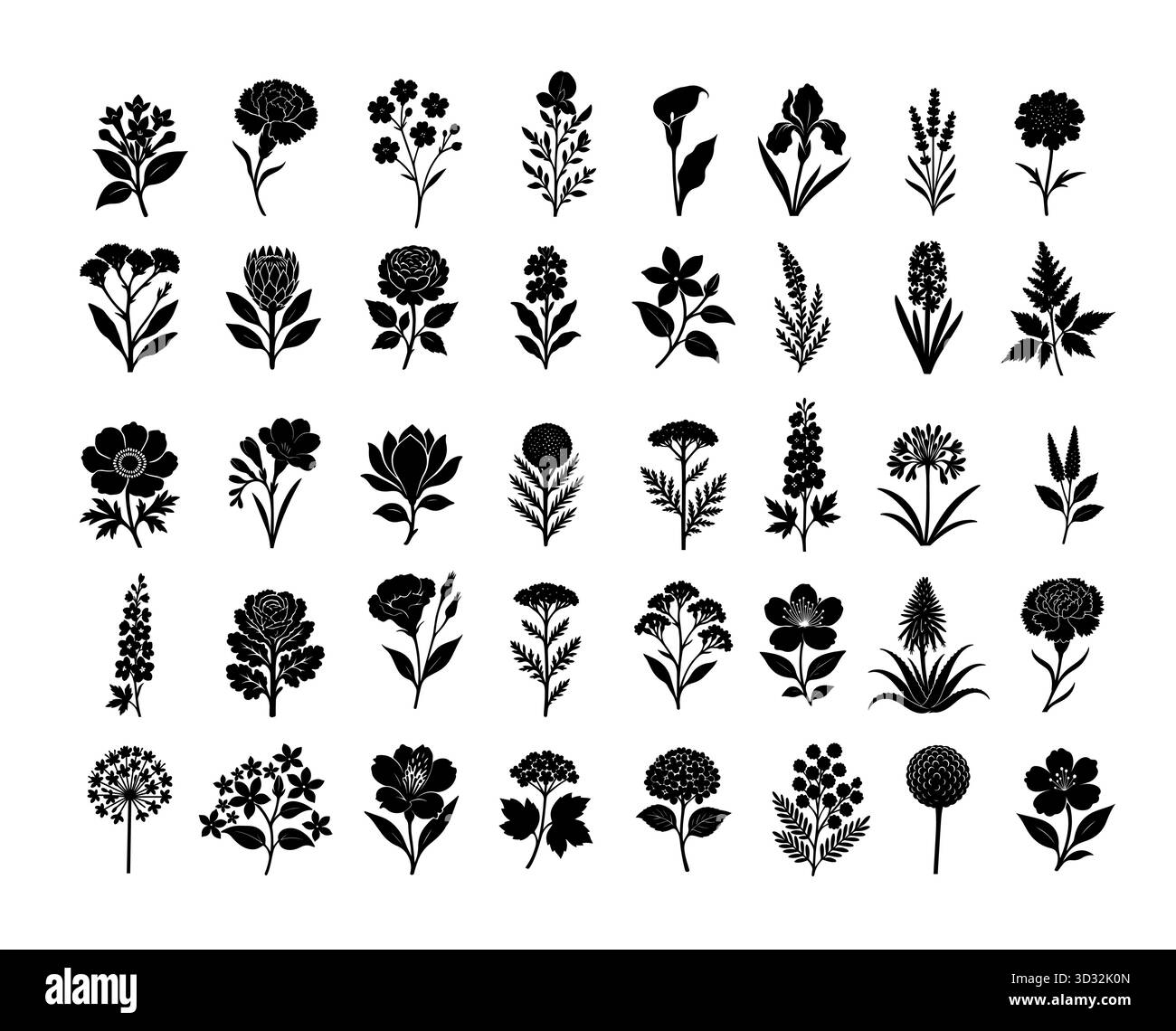 Ensemble de différentes silhouettes de fleurs monochromes noires. Dessiné à la main. Pas ai, illustration vectorielle. Illustration de Vecteur