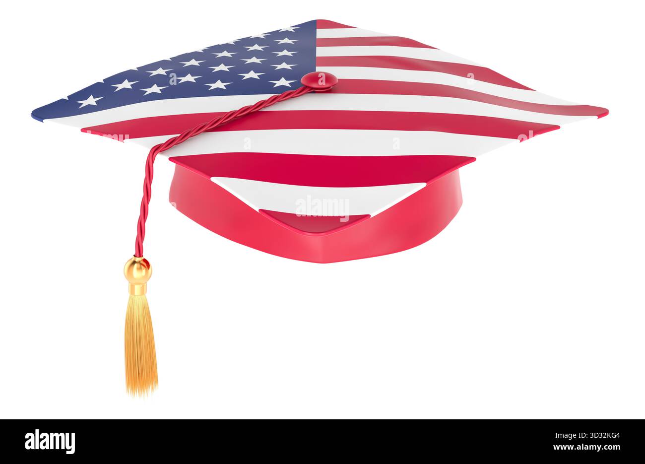 Casquette de graduation avec le drapeau des États-Unis. Education aux USA, concept. Rendu 3D isolé sur fond blanc Banque D'Images
