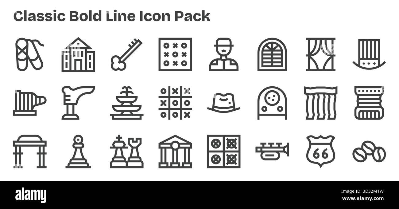 Pack vectoriel avec 24 icônes Bold Outline inspirées par Classic, idéal pour le travail de conception évolutif et créatif. Illustration de Vecteur