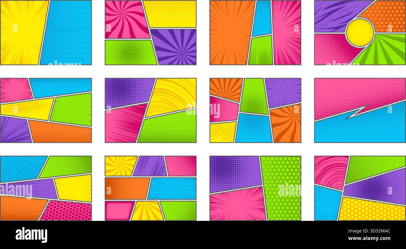 Cadre de bande dessinée. Modèle manga coloré. Page de dessin animé pop art avec grille et boîtes. Couverture horizontale anime avec lignes de vitesse d'explosion et demi-teinte Illustration de Vecteur